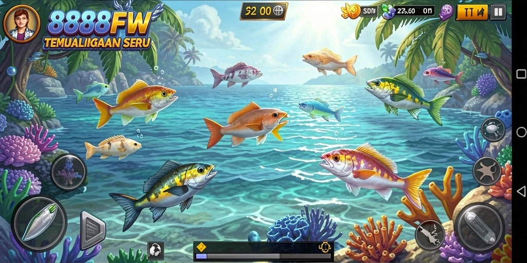 Tampilan gameplay seru di 888FW saat menembak ikan.