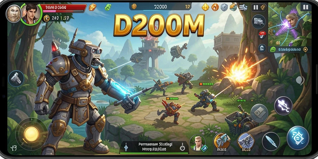Tampilan gameplay D200M yang menarik dengan pertempuran strategi epik.