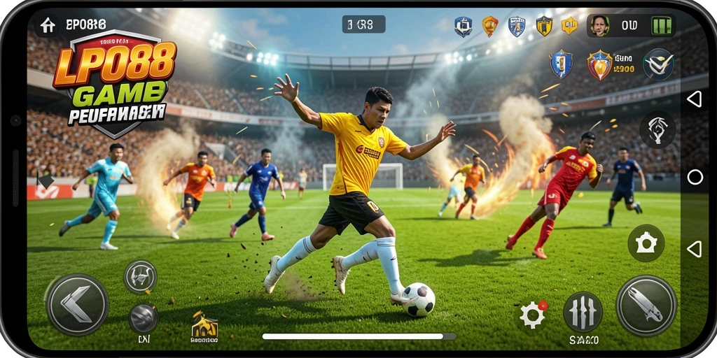 Screenshot utama LPO88 menampilkan aksi seru di lapangan sepak bola.