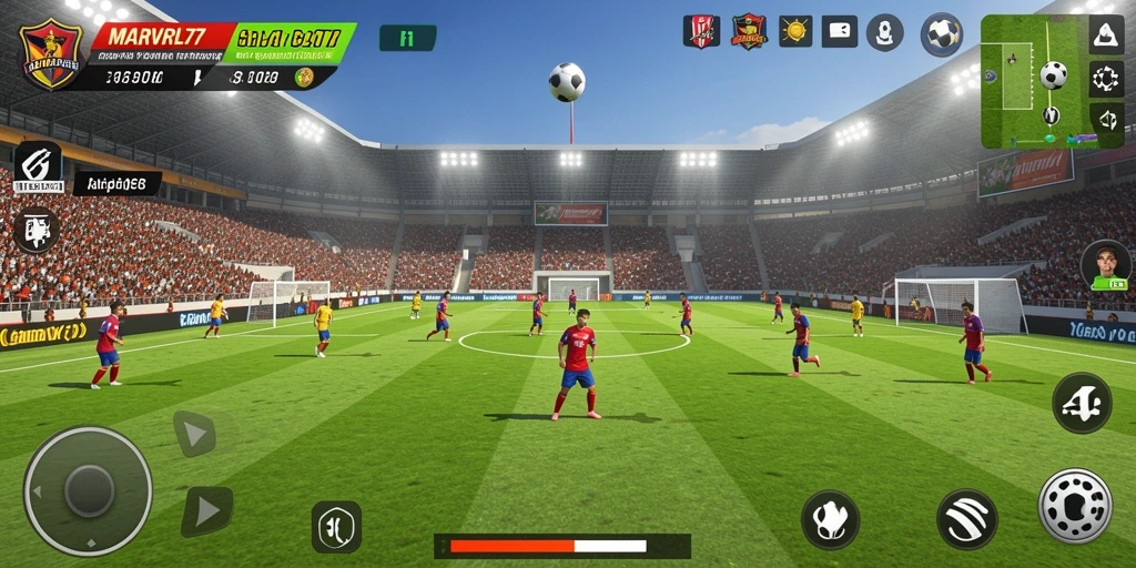 Tampilan gameplay <strong>MARVRL77</strong> yang mengesankan dalam aksi sepak bola.