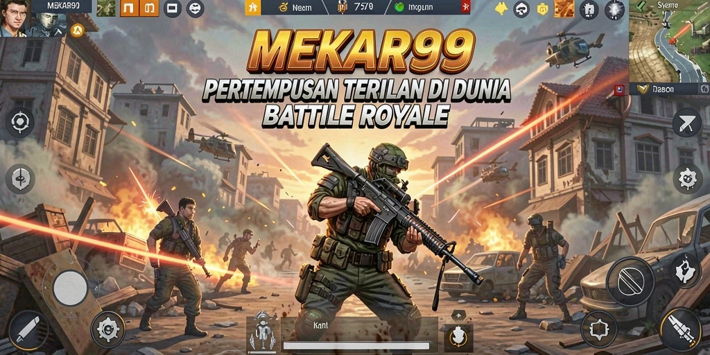 Screenshot utama MEKAR99 menggambarkan pertempuran seru di arena Battle Royale.