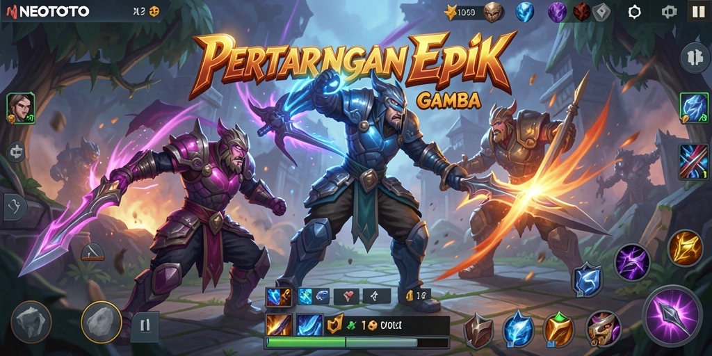 Tampilan seru gameplay NEOTOTO dengan karakter heroik dalam pertempuran.