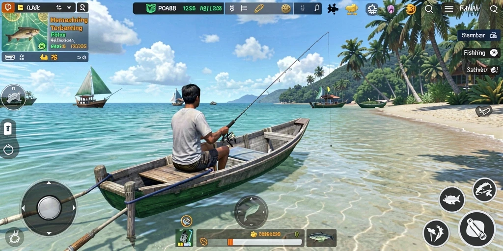 Screenshot gameplay POA88 menampilkan pemain yang menangkap ikan di lokasi cantik.