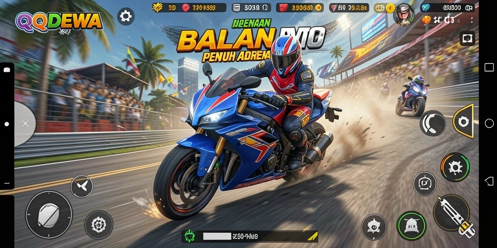 Tampilan seru gameplay QQDEWA dengan balapan motor yang mendebarkan.