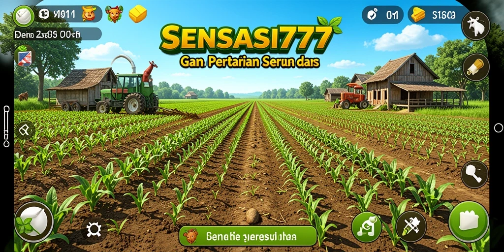 Screenshot gameplay SENSASI777 menampilkan lahan pertanian yang luas dan tanaman subur.